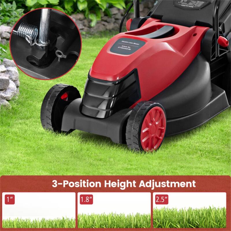 10-AMP Electric Lawn Mower with 13" Cutting Width, Adjustable Heights & 25L Grass Collection Box - 45" x 16" x 35"