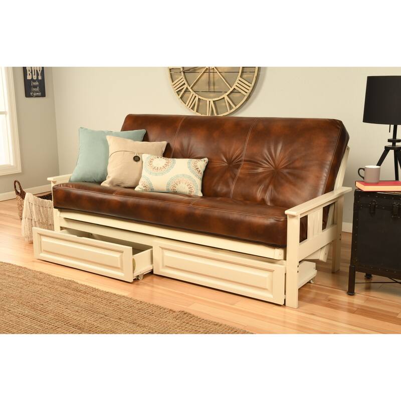 Somette Beli Mont Antique White Full-size Storage Futon Set with Mattress - Oregon Trail Saddle