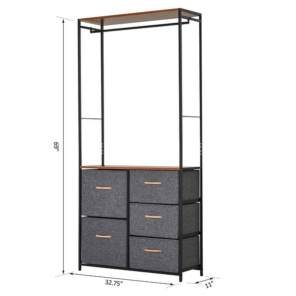 HOMCOM Industrial Storage Cabinet Coat Rack Bedroom Hall Tree Organiser with Long Coat Hanger, 5 Drawers & Storage Shelf