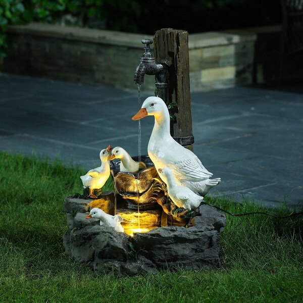 Resin Farmhouse Duck Family Outdoor Patio Fountain with LED Light