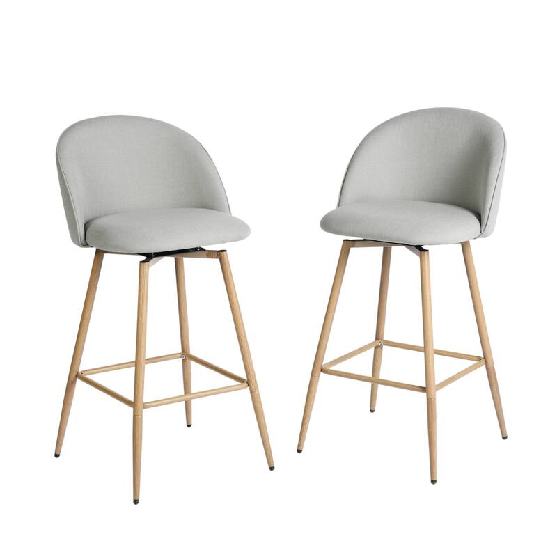 HomeRoots Set of Two 27" Gray and Oak Fabric and Metal Low Back Counter Height Swivel Bar Chairs