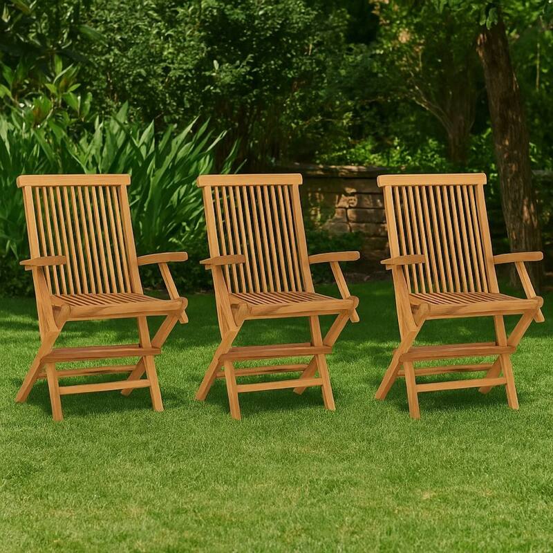Foldable Outdoor Lounge Chair Set of 3, Slatted Back, Brown Teak Wood