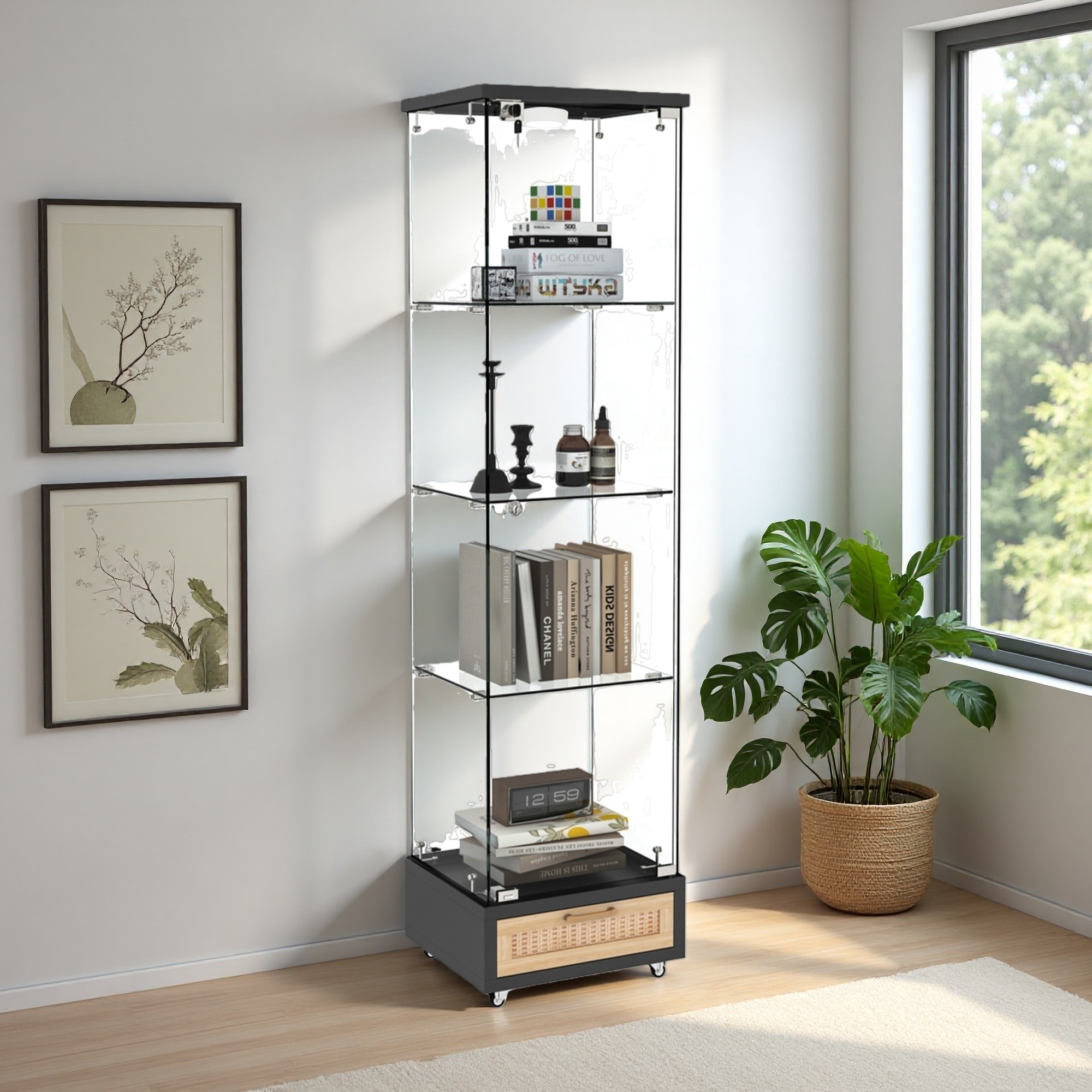 65.8"H Modern Glass Display Cabinet with LED Lights, Tempered Glass 1-Door Storage Case, 4 Shelves & Drawer, for Living Room