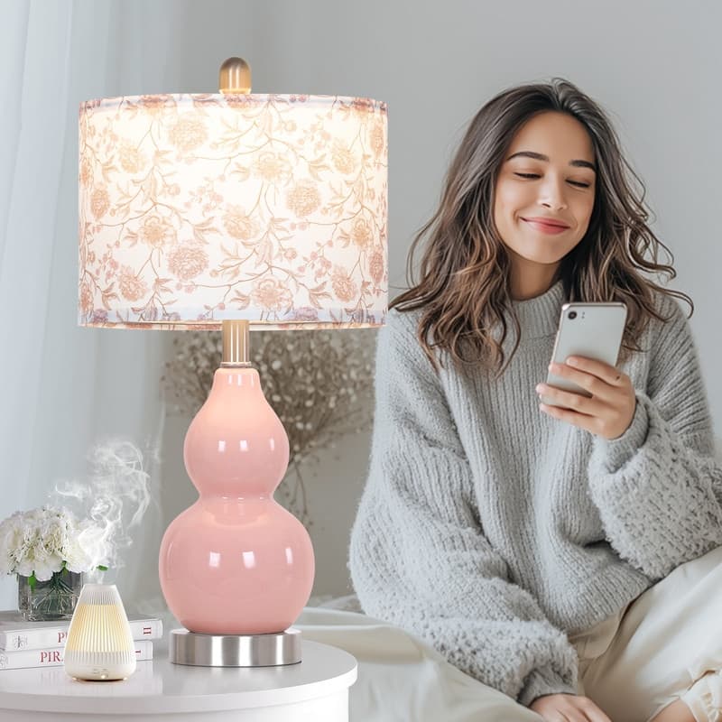 22'' Table Lamps, Pink Ceramic Fixture 2-Way Rotary Switch Floral Print Shade(Set of 2) - 11'' x 11'' x 22''