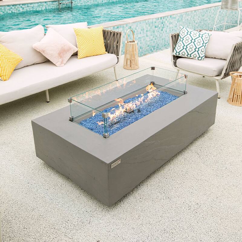 Elementi Plus Meteora Outdoor Fire Pit Table Concrete Rectangular 60000 BTU - 55.9 x 31.9 inches with Lid, Fire Glass, and Cover