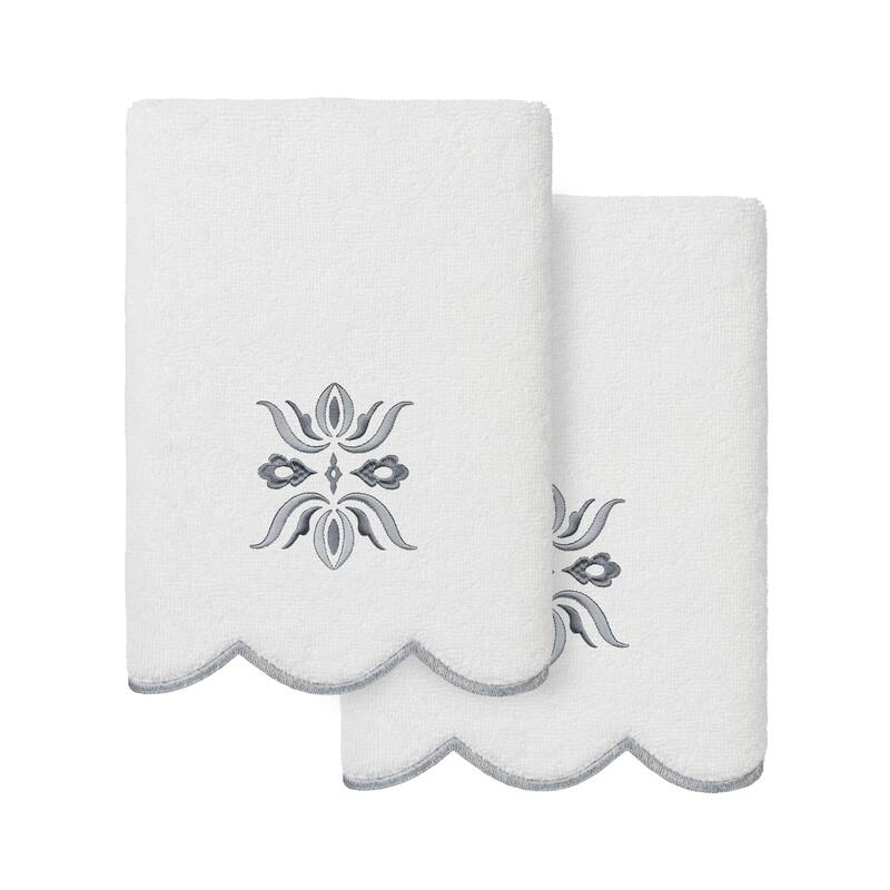 Authentic Hotel and Spa 100% Turkish Cotton FLOWER CREST Scallop Towel Collection - White/Grey - 2 Hand Towels