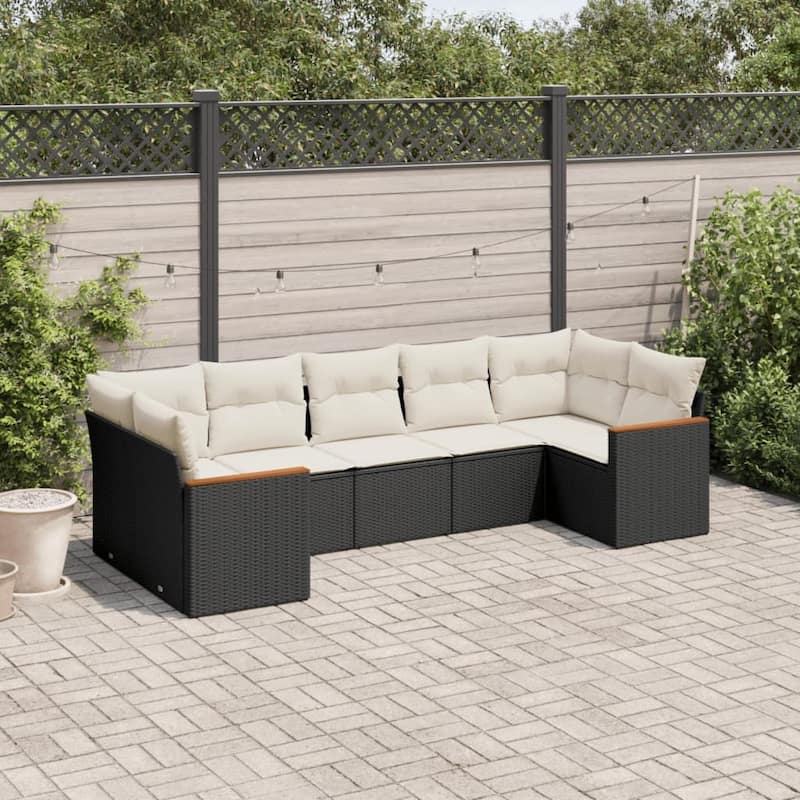 vidaXL Patio Sofa Set with Cushions Outdoor Furniture 7 Piece Poly Rattan - 24.4 x 24.4 x 27.2 in - Black and cream