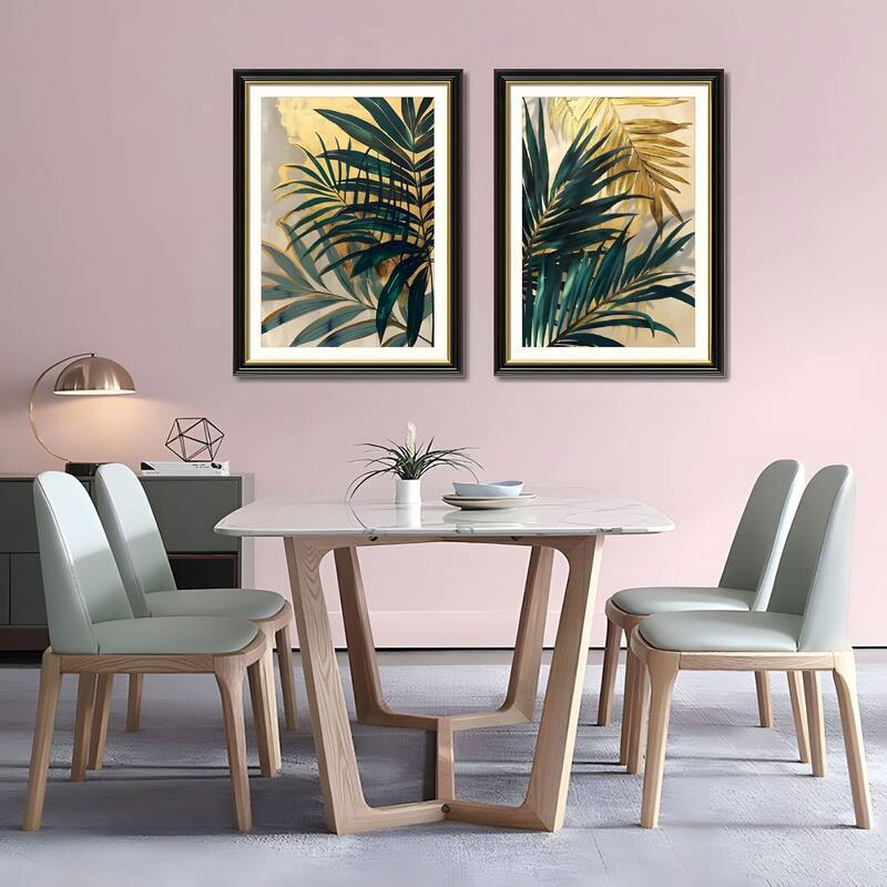 Set of 2 Tropical Palm Leaf Framed Wall Art - Replaceable Canvas Prints with Solid Wood Picture Frames, Modern Botanical