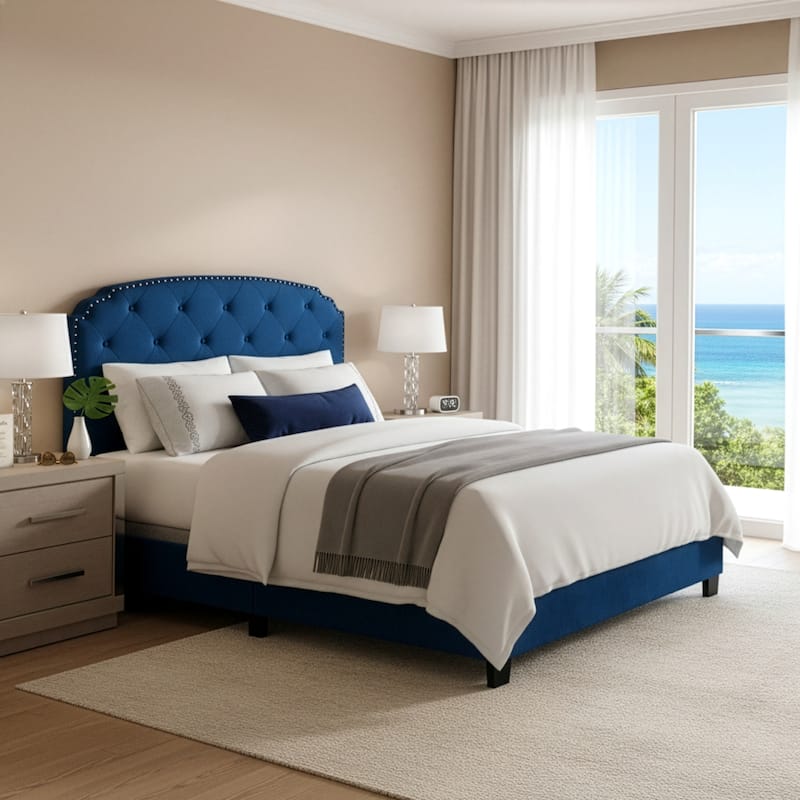 Arin Navy Blue Velvet Queen Bed Button Tufting and Black Nail Head