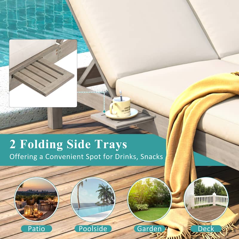 Outdoor Patio Acacia Wood Double Daybed Sunbed with Adjustable Backrest and Folding Side Trays