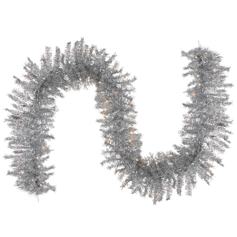 9' x 12" Pre-Lit Silver Tinsel Artificial Christmas Garland Clear Lights