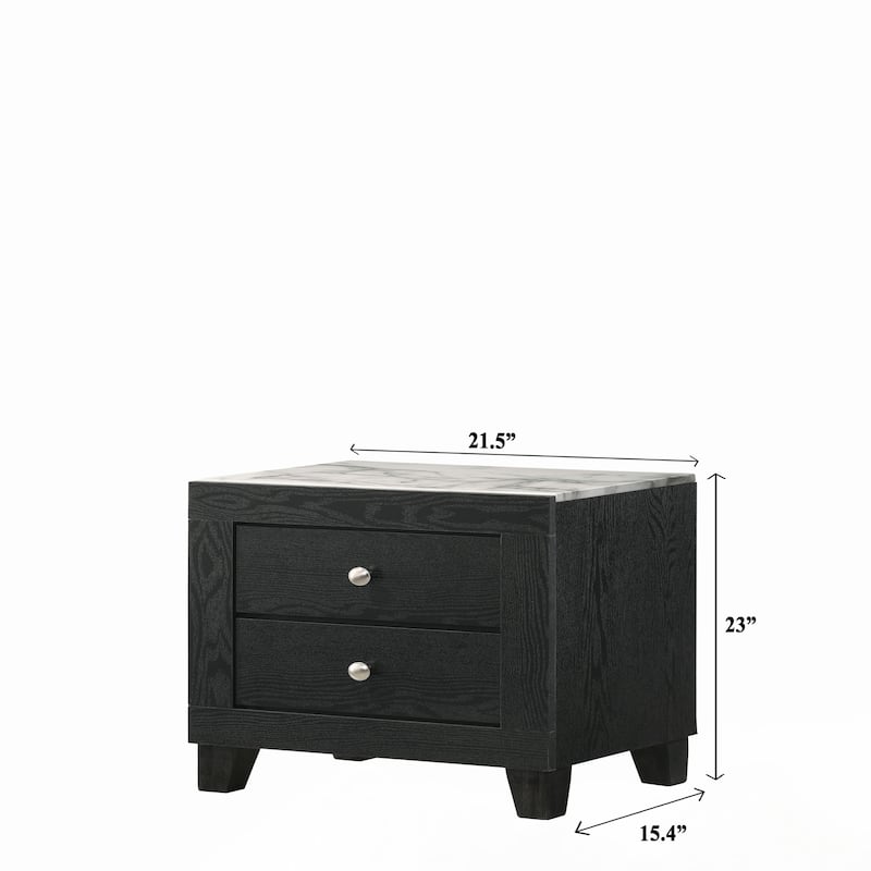 1pc Modern White Faux Marble Top 2 Drawers Nightstand Black Finish