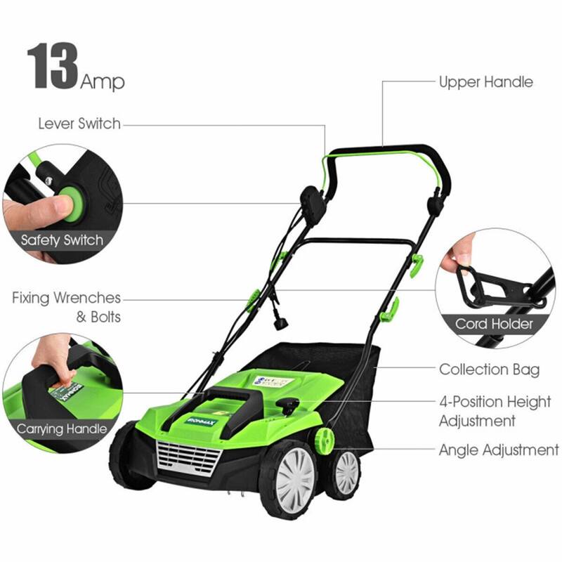 13-AMP Corded Electric Scarifier & Dethatcher 15" Cutting Width with 50L Grass Collection Bag - 49'' x 23'' x 34''