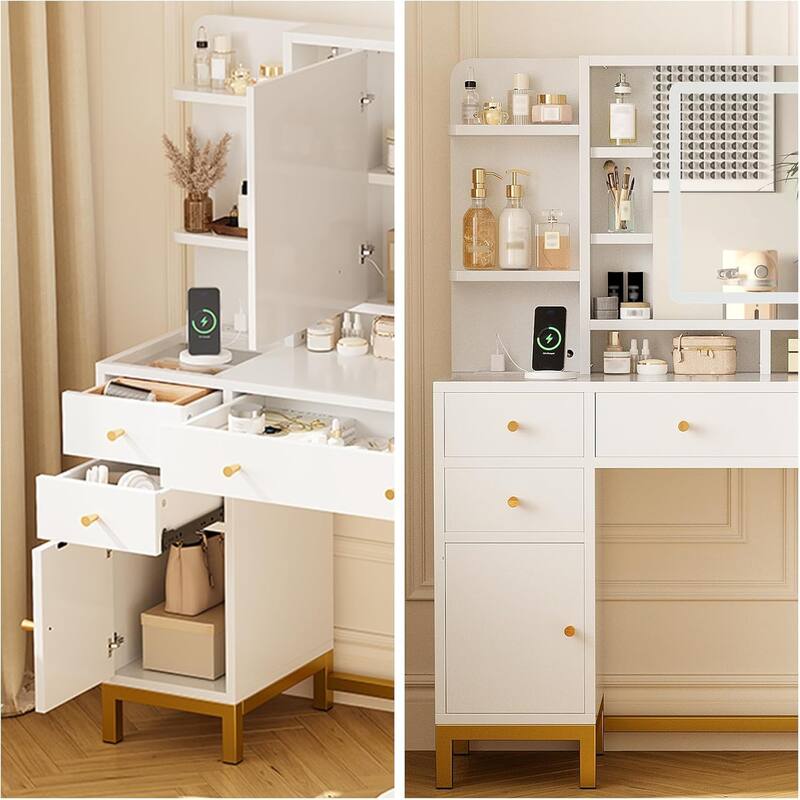 Large Makeup Vanity with Charging Station and Storage Cabinet
