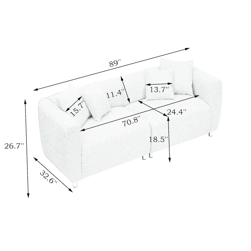89" 3-Seater Sofa - Modern Living Room Couch with Solid Wood Frame, Metal Legs & 4 Pillows