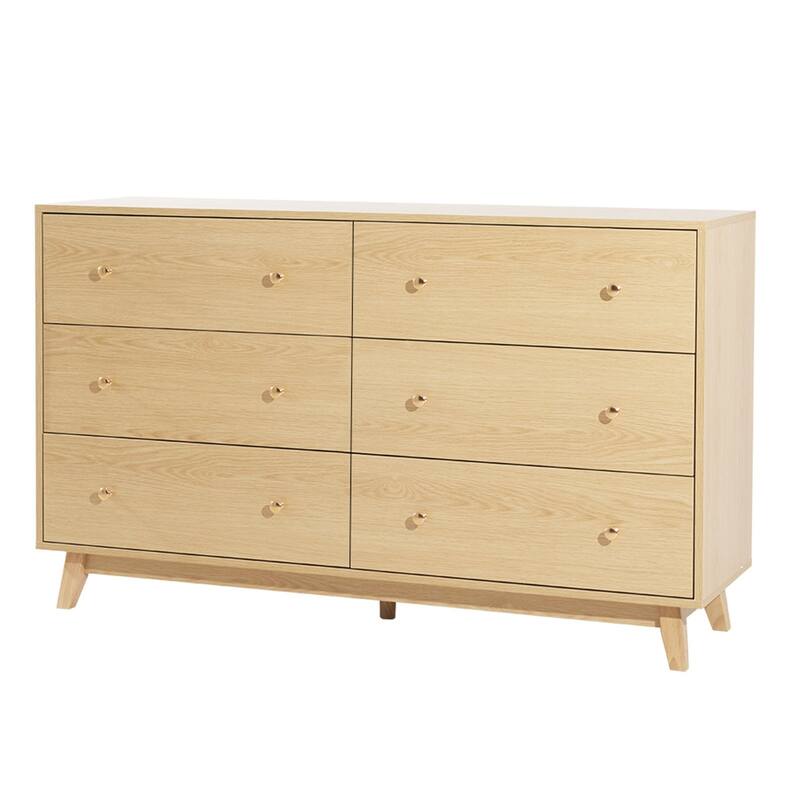 Light Wood Particleboard MDF Rubberwood Dresser 6 Drawers Modern Metal Handles