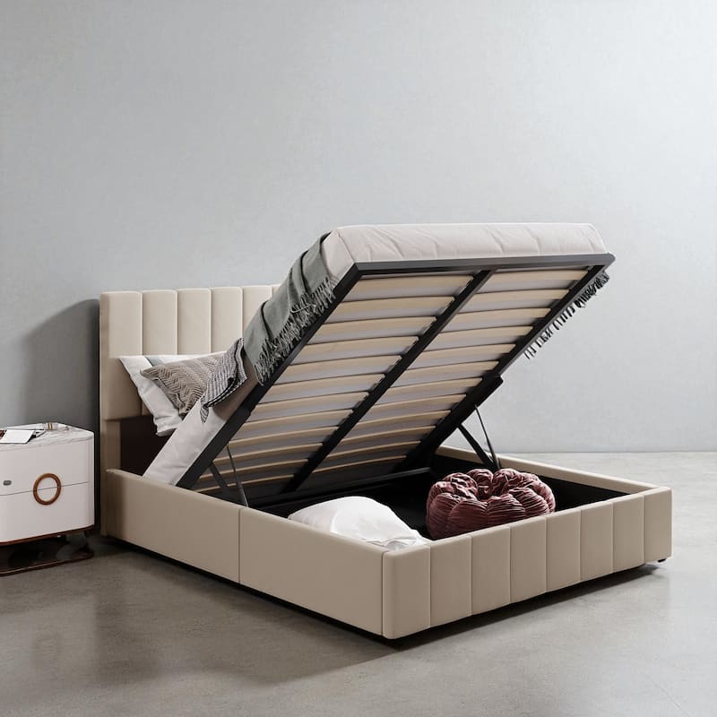 Full/Queen Upholstered Platform Bed with Hydraulic Lift Storage and Linen Headboard, No Box Spring Needed