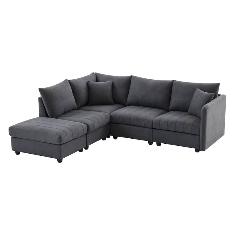 89" Linen-Blend L-Shaped Sectional Sofa with Ottoman, 2 Pillows and Pocket Springs, 360lb Capacity