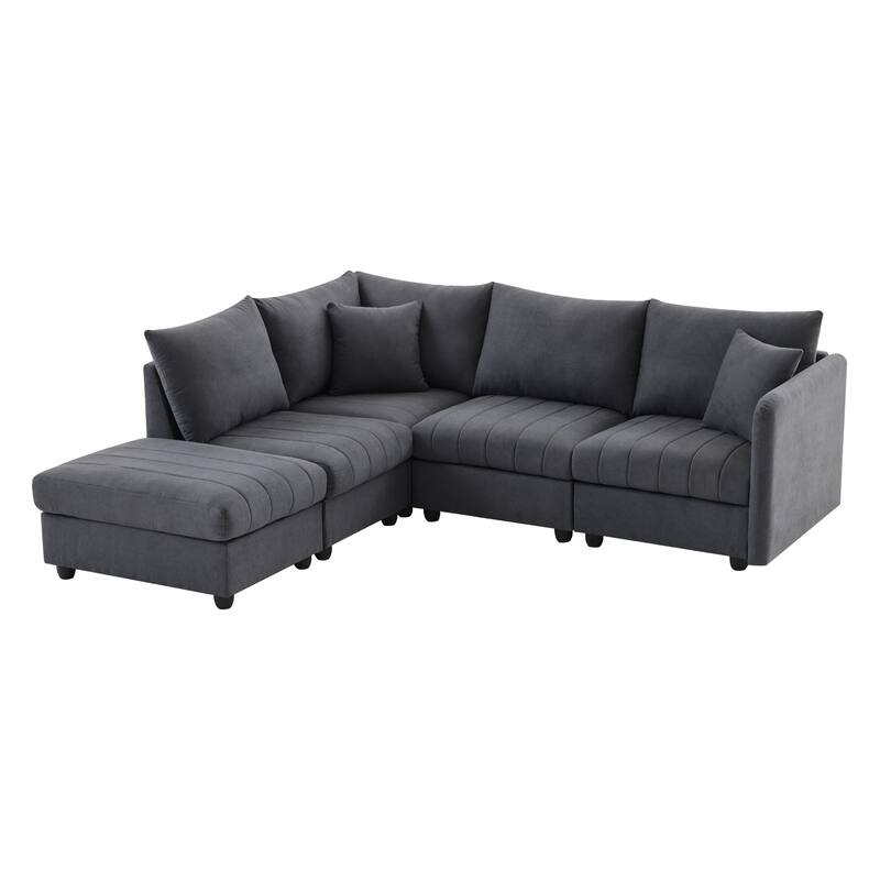 Modular L-Shaped Sectional Sofa with Movable Ottoman, 5 Seat Corner Couch with Throw Pillows, Comfy Cloud Upholstered Sofa
