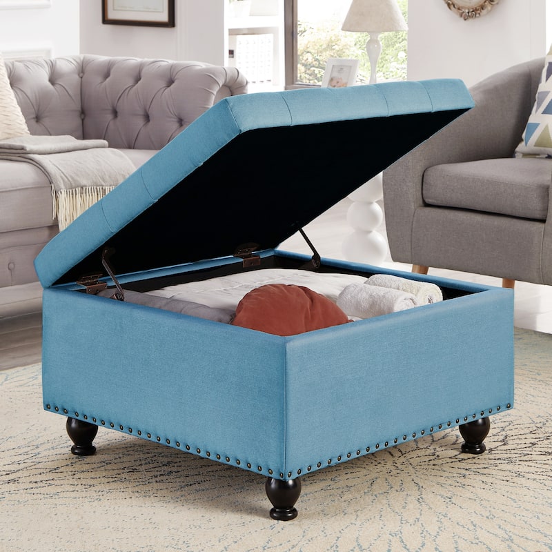 Large square storage ottoman with wooden legs,Upholstered button tufted coffee table with nail trims for Living Space