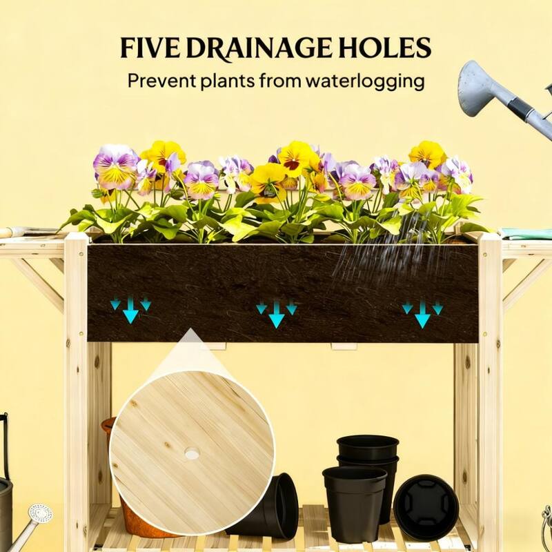 Elevated Garden Bed with Lockable Wheels and Side Tables, Wood Raised Planter Box with Bottom Shelf and Drain Holes