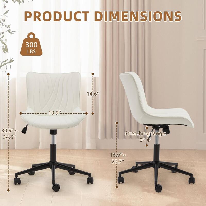 EROMMY Armless Office Chair with Wheels, Adjustable Swivel Modern Faux Leather Vanity Chair with Backrest, Ergonomic Rocking