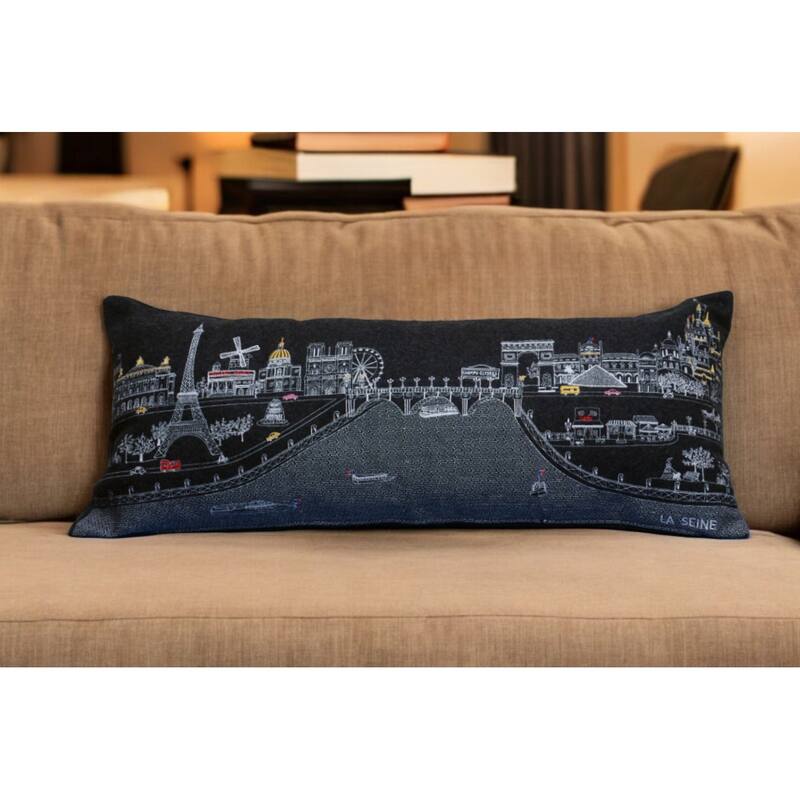 HomeRoots 35" Black Paris Nighttime Skyline Standard Lumbar Decorative Pillow - Bed Rest - Polyester