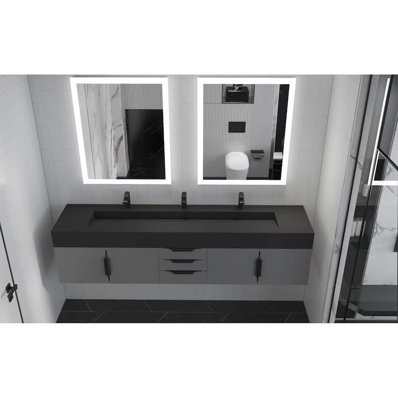Nile 84-Inch Wall Mounted Bathroom Vanity Set w/ Black Top