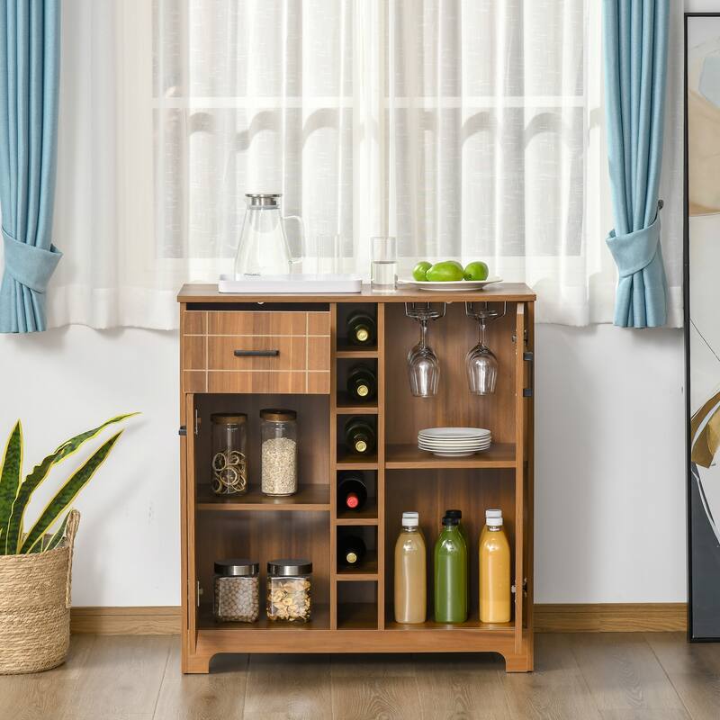 Brown Wine Cabinet with 6-Bottle Rack, Storage Drawers and Shelves for Bar or Dining Room - 33.75" x 15.75" x 36.25"