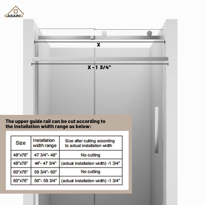 CASAINC 48 in. W x 76 in. H Sliding Frameless Shower Door with SGCC Certification