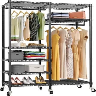Black Adjustable Rolling Garment Rack – Expandable Clothes Hanging Rail With Wheels