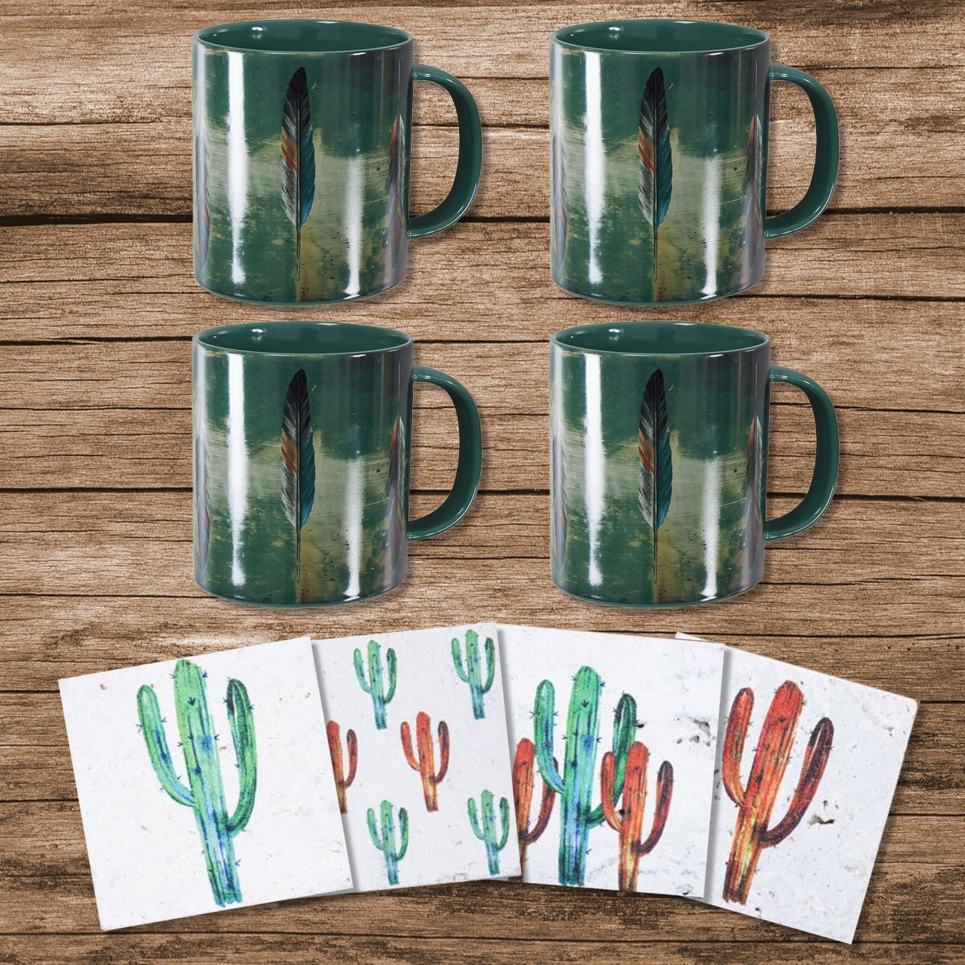 Rustic Rooster Coffee Mugs, Each 8 oz. Set of 4 Glazed Ceramic Mugs