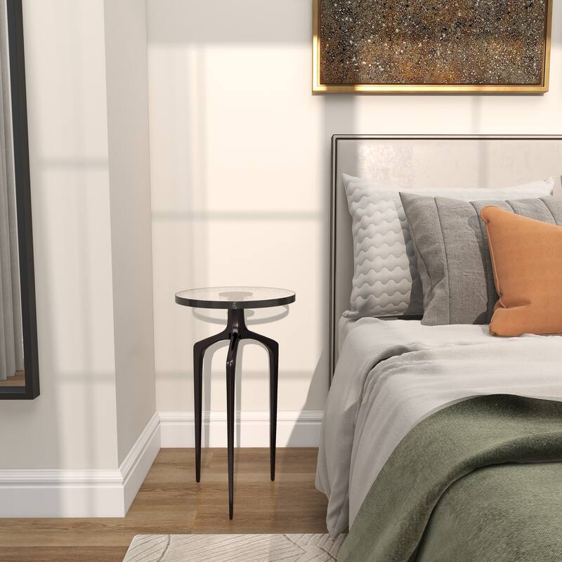 Black Aluminum Metal Accent Table with Textured Glass Tabletop
