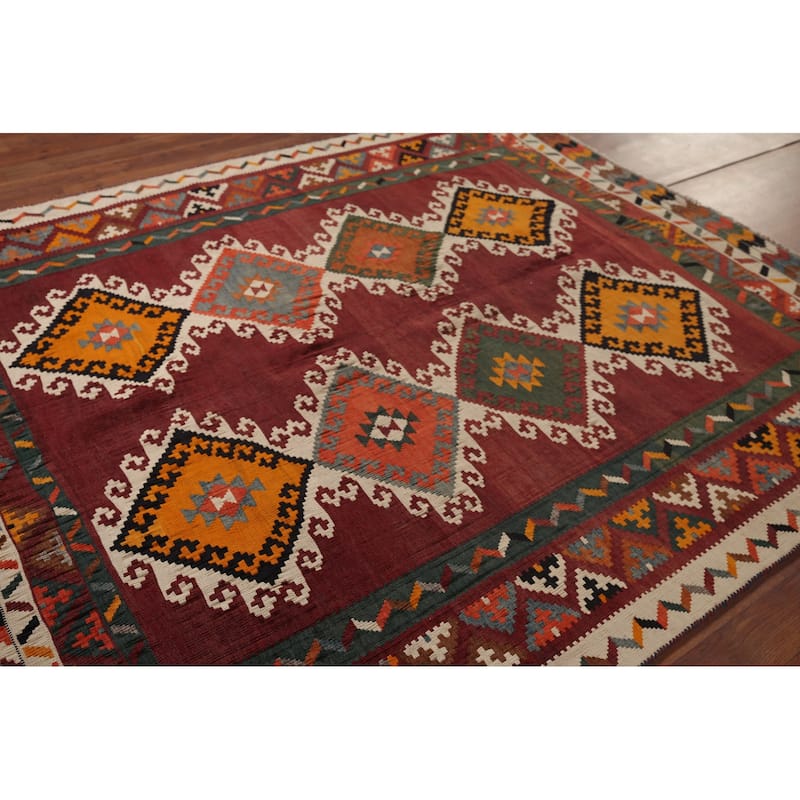 Vegetable Dye Red Tribal Kilim Qashqai Persian Vintage Wool Carpet - 5'4"x 6'3"