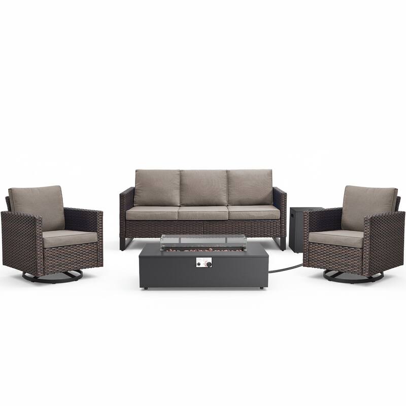 Pocassy Patio 5/7PCS Sofa Swivel Chair Ottoman with Fire Pit Table