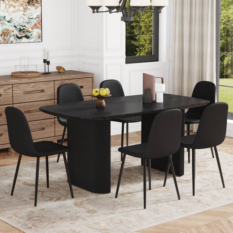 7-Piece Dining Table Set .67 * 35.4 inch black wood grain MDF dining table with 6 Mid-Century Style Upholstered PU Chairs