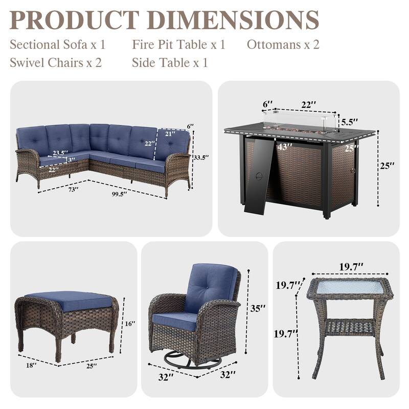 Fire Pit Table with Sectional Sofa Swivel Chairs Ottomans -Blue - Brown