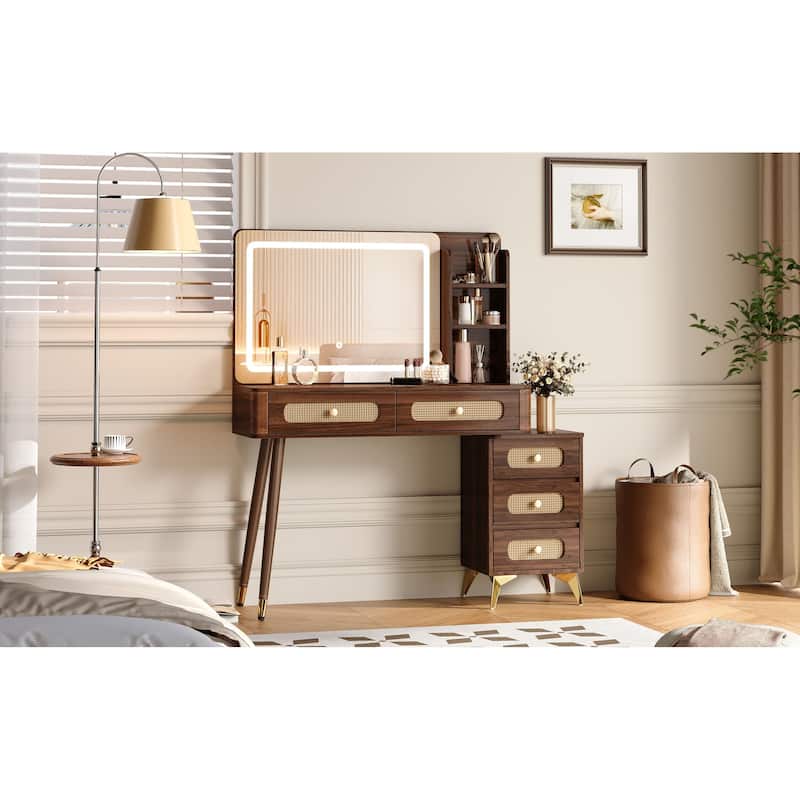 47"Makeup Vanity with Mirror and Lights, Vanity Desk with 5 Drawers and Storage Shelf, 3 Color Modes and Adjustable Brightness