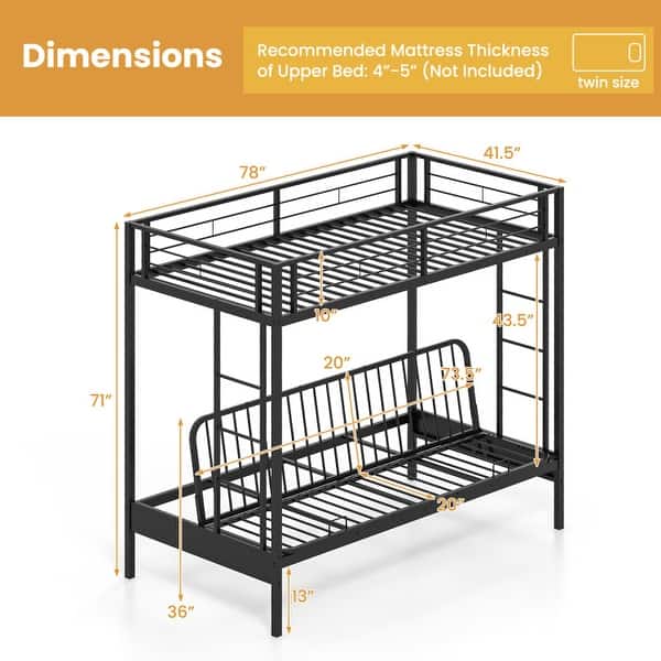 Twin Over Futon Bunk Bed with 2 Ladders and Safety Guardrails-Black