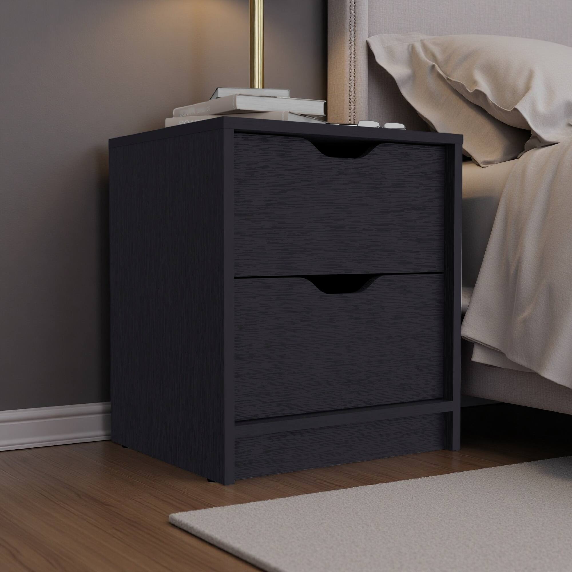 16"L Wood Double Drawer Nightstand with Large Top Surface, Easy-Pull Drawers Bedside Table