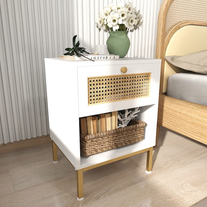 Rattan End Table/ Nightstand with Drawer, Farmhouse Boho Bed Side Table