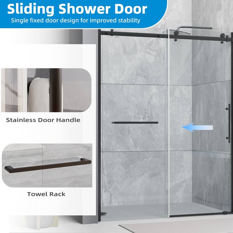 EROMMY Frameless Sliding Shower Door 60"x76", Clear Tempered Glass, Explosion-Resistant, Waterproof