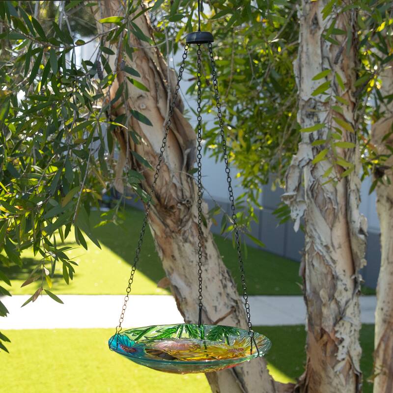 10" Glass Hanging Bird Feeder w/ Flowers and Bee