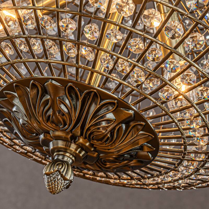 CraftHome Wide Light Retro French Handcrafted Cage Crystal Chandelier in Antique Bronze With Vintage Dimmable for Dining Room