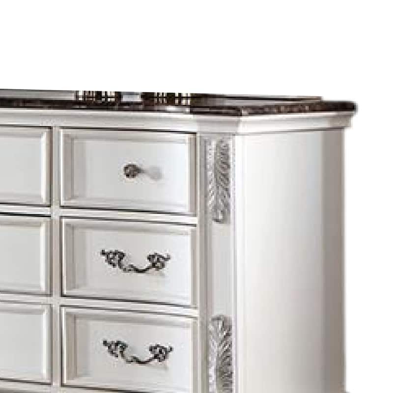 Prio Wide Dresser, 11 Drawers, Marble Top, Carved Pearl White Wood