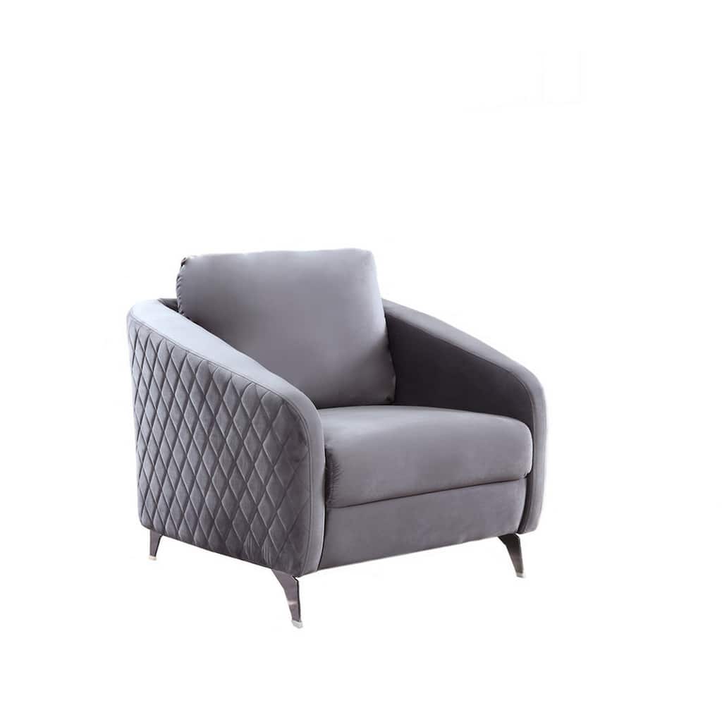 Hida 36 Inch Modern Accent Armchair, Crisp Diamond Stitching, Gray Velvet