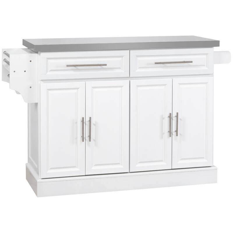 Rolling Stainless Steel Top Kitchen Cart with 2 Drawers & Shelves, Kitchen Island 4 on Wheels with Knife & Towel Rack - White