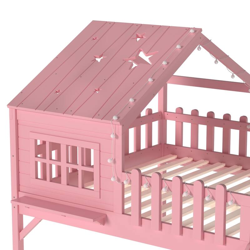 Full Size House Loft Bed with Slide,Playhouse Bed with Star Moon-shaped Designs and Window, Chic Design with LED Lights