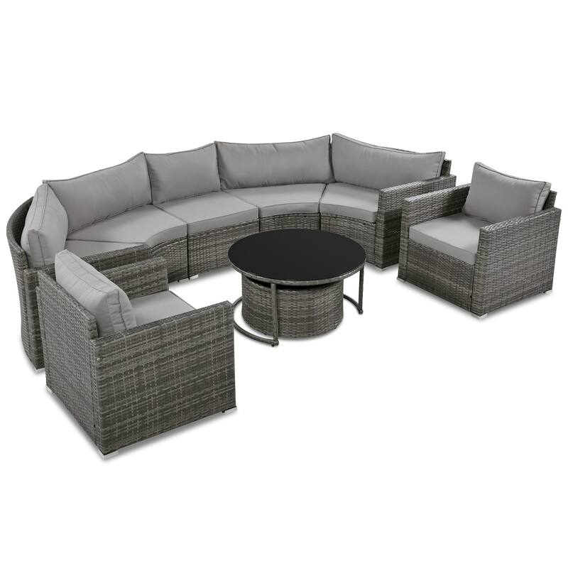9-Piece Half-Moon Wicker Patio Sofa Set with Cushions and Two Round Coffee Tables