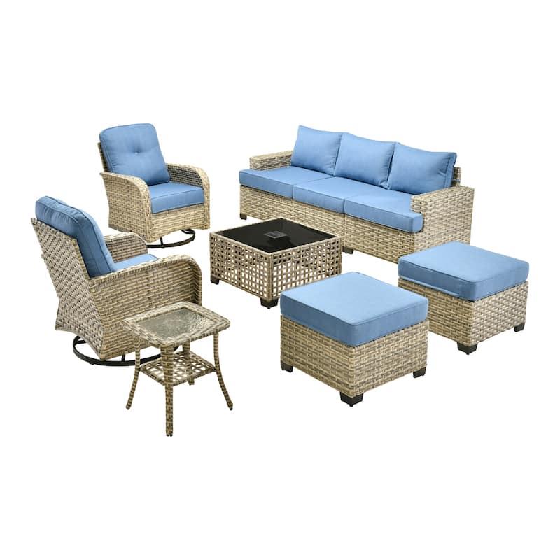 OVIOS 9 Pieces Wide Arm T shaped Seat Curved Swivel Chair Set With Solar-Powered Table
